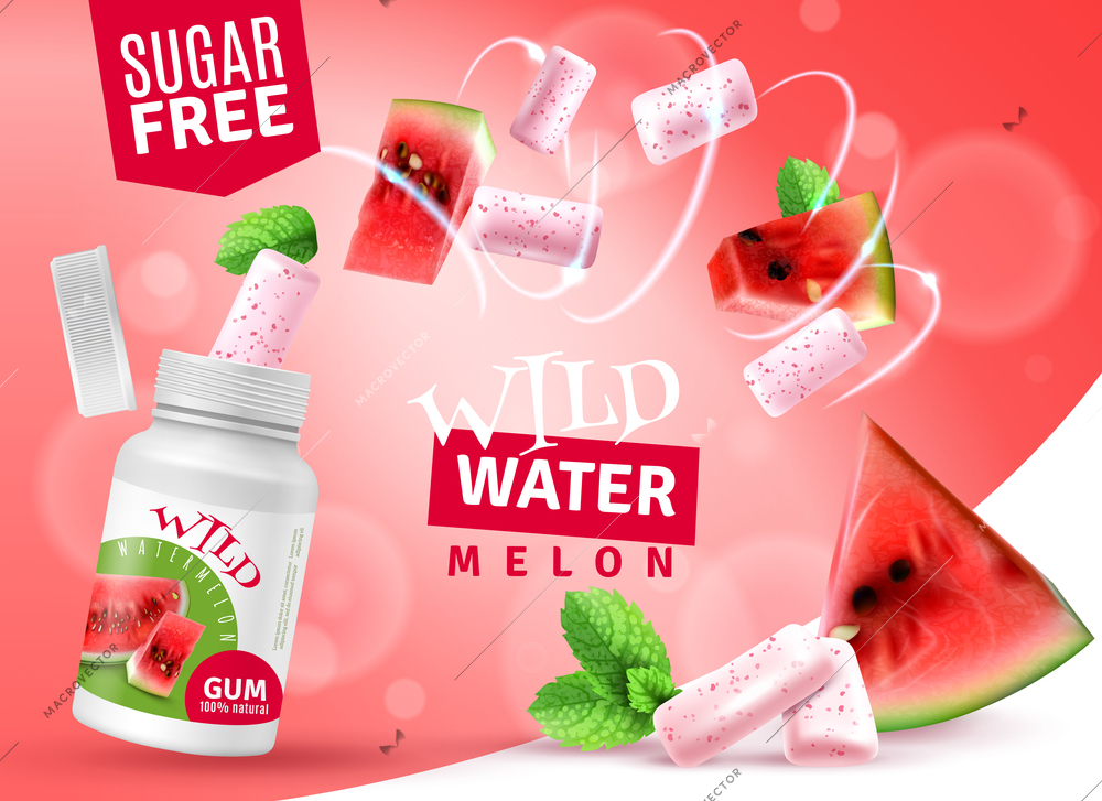 Wild watermelon sugar free bubblegum with mint flavor realistic advertising poster with juicy flesh background vector illustration