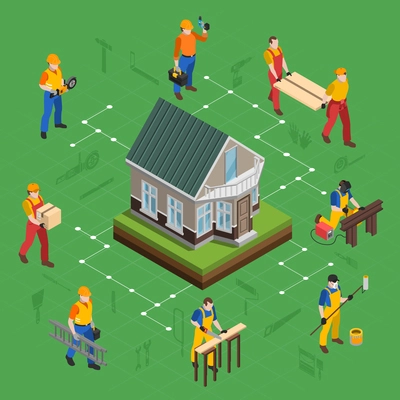 Construction isometric flowchart composition with characters of laborers and tradesmen with silhouette pictograms of building tools vector illustration