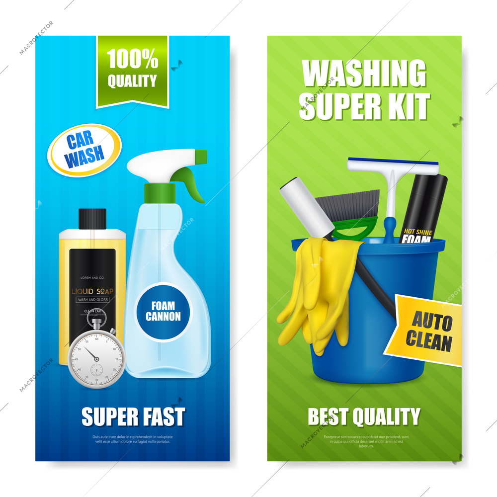 Car wash auto self-cleaning foam shampoo bucket squeegee kit 2 vertical realistic advertising banners vector illustration