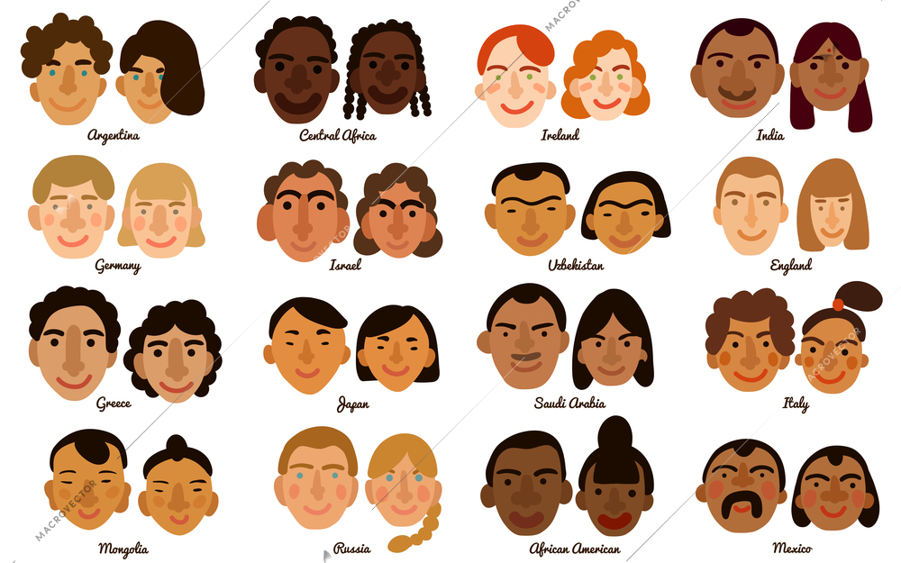 Set of international human faces of man and woman from different countries isolated vector illustration