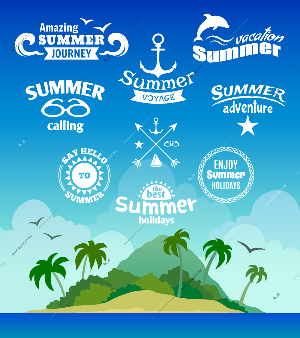 Vintage summer voyage label set with tropical island background vector illustration