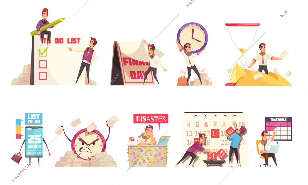 Set of isolated cartoon compositions on theme of time management planning schedule timetable and deadline vector illustration
