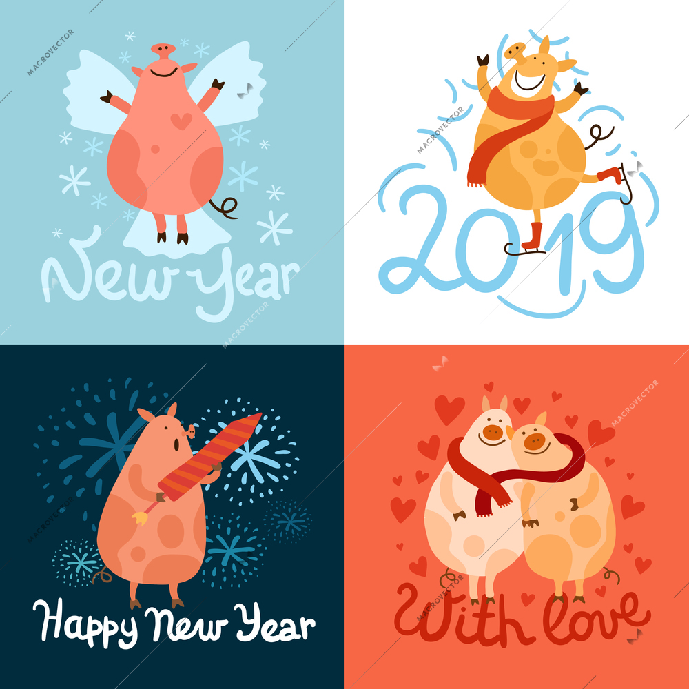 Cute piggies symbol of new year design concept with greetings festive traditions isolated vector illustration