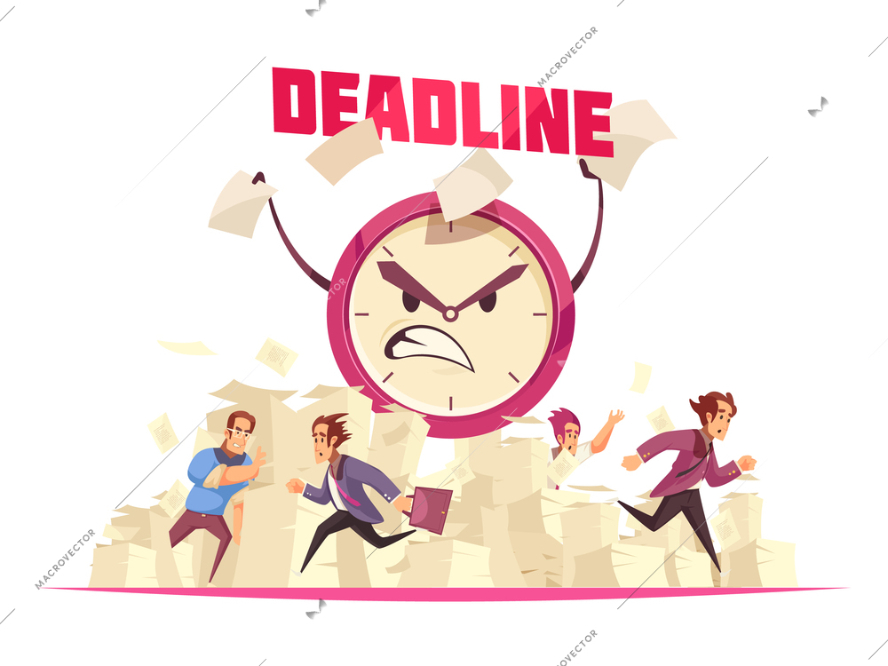 Deadline vector illustration with flying paper sheets people running to office and angry cartoon face of alarm clock