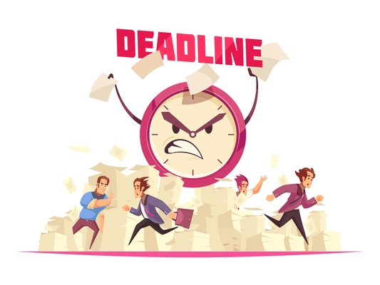 Deadline vector illustration with flying paper sheets people running to office and angry cartoon face of alarm clock