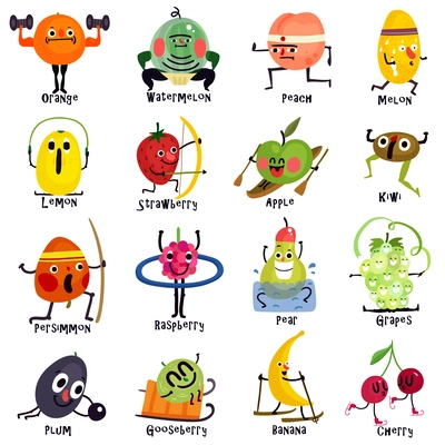 Set of cartoon icons funny fruits during various sport training including sumo archery jogging isolated vector illustration