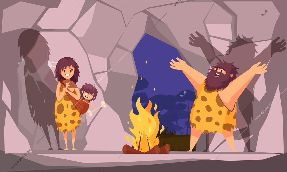 Cartoon poster with caveman family dressed in animal pelt collected around the fire in cave vector illustration