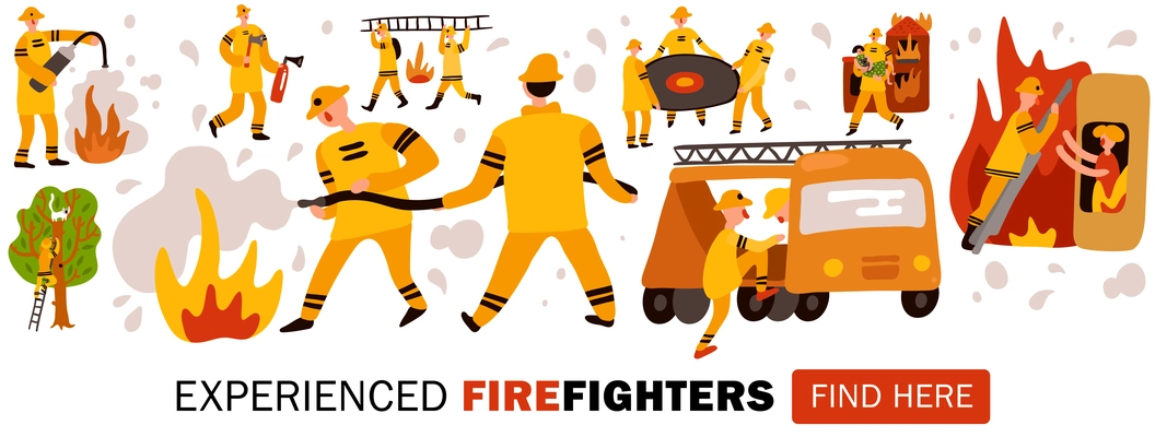 Experienced fire fighters during dangerous work header for web site horizontal flat vector illustration