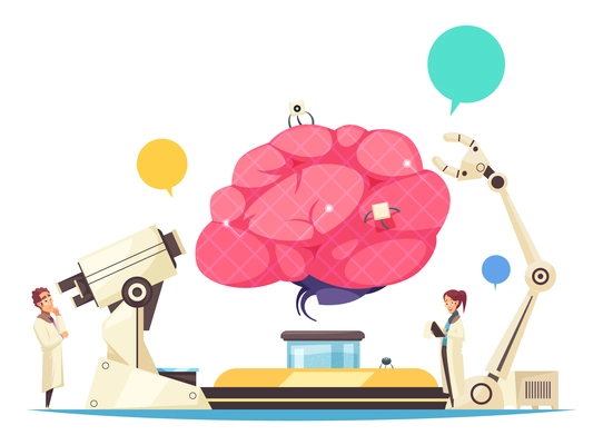 Nanotechnologies design concept with  micro chip implanted in human brain and robotic arm for surgical operation vector illustration