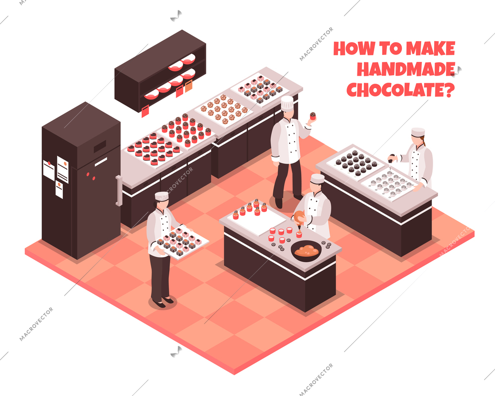 Chocolate manufacture isometric composition with staff showing how to make handmade chocolate vector illustration