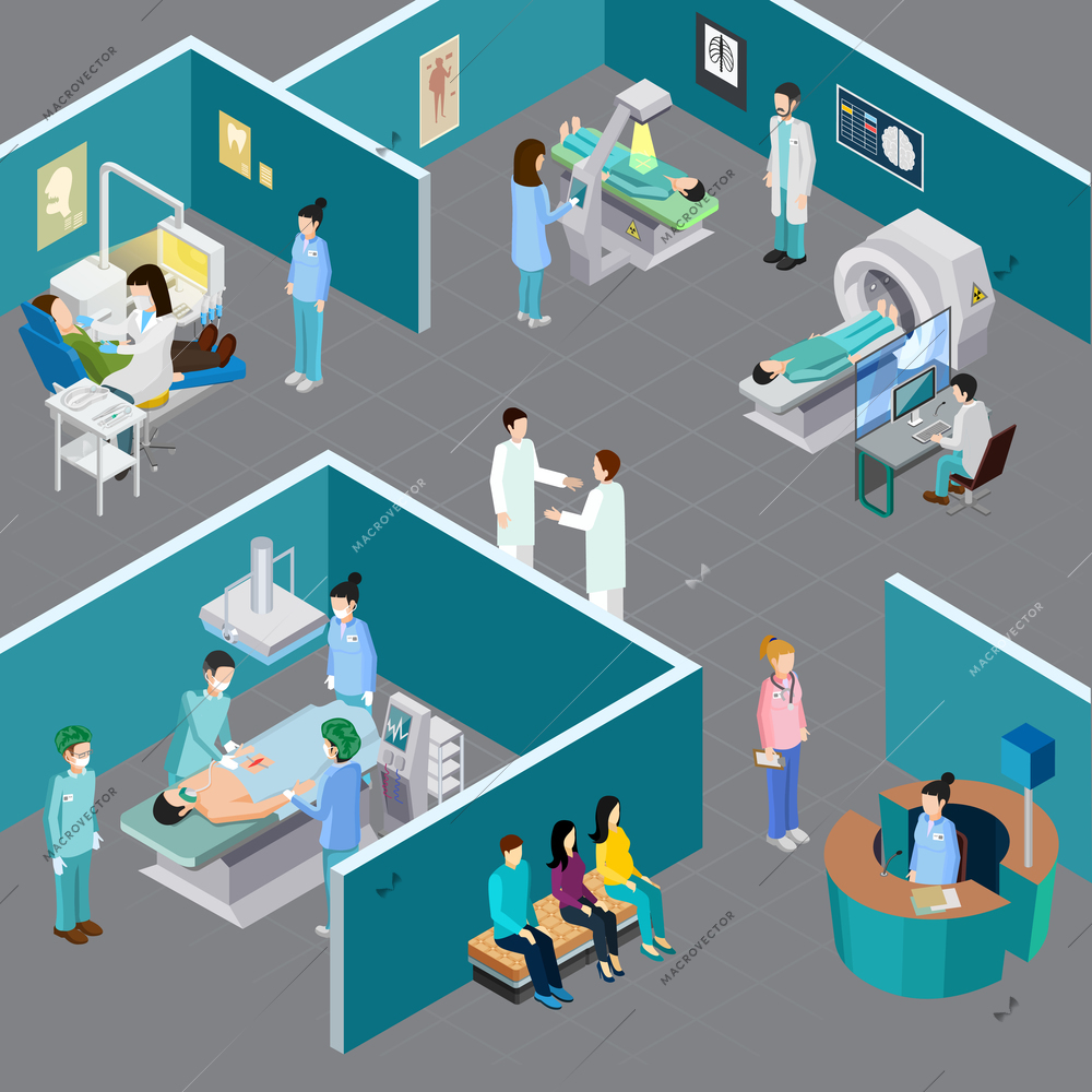 Medical equipment isometric composition with human characters of health professionals and patients in various hospital rooms vector illustration