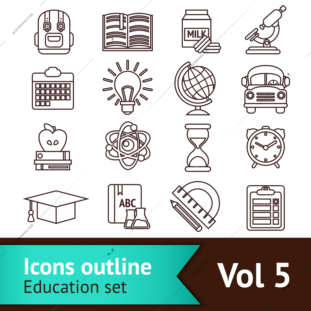 Education knowledge science college and elementary school outline icons set isolated vector illustration