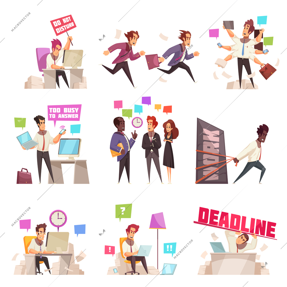 Business people isolated icons set of too busy and hurrying to work office workers flat vector illustration