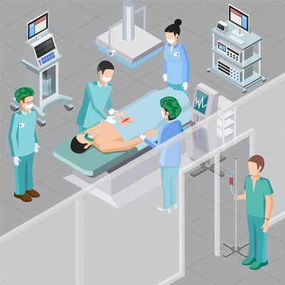 Medical equipment isometric composition with human characters of doctors in surgery room with operating room equipment vector illustration