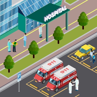 Medical equipment isometric composition with outdoor view of hospital entrance and parking lot with ambulance cars vector illustration