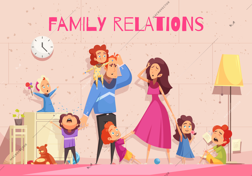 Family relations cartoon poster showing emotion of dejected parents tired of child noise vector illustration
