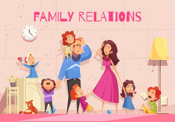 Family relations cartoon poster showing emotion of dejected parents tired of child noise vector illustration