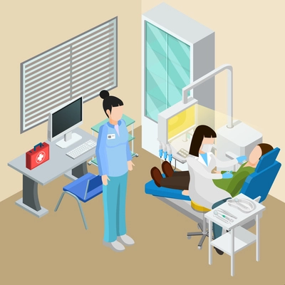 Medical equipment isometric composition with dental surgery interior human characters of doctors patient and therapeutic facilities vector illustration