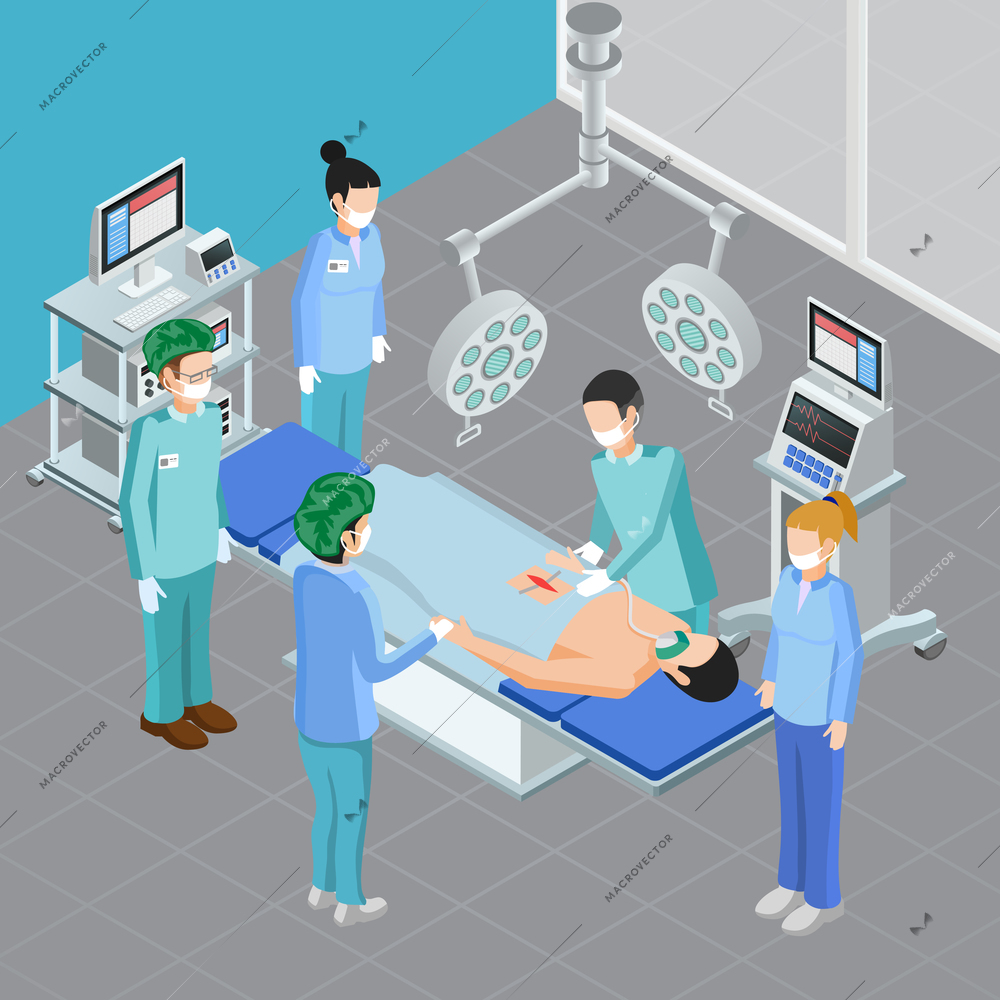 Medical equipment isometric composition with view of surgery room with apparatus and people during surgical attack vector illustration
