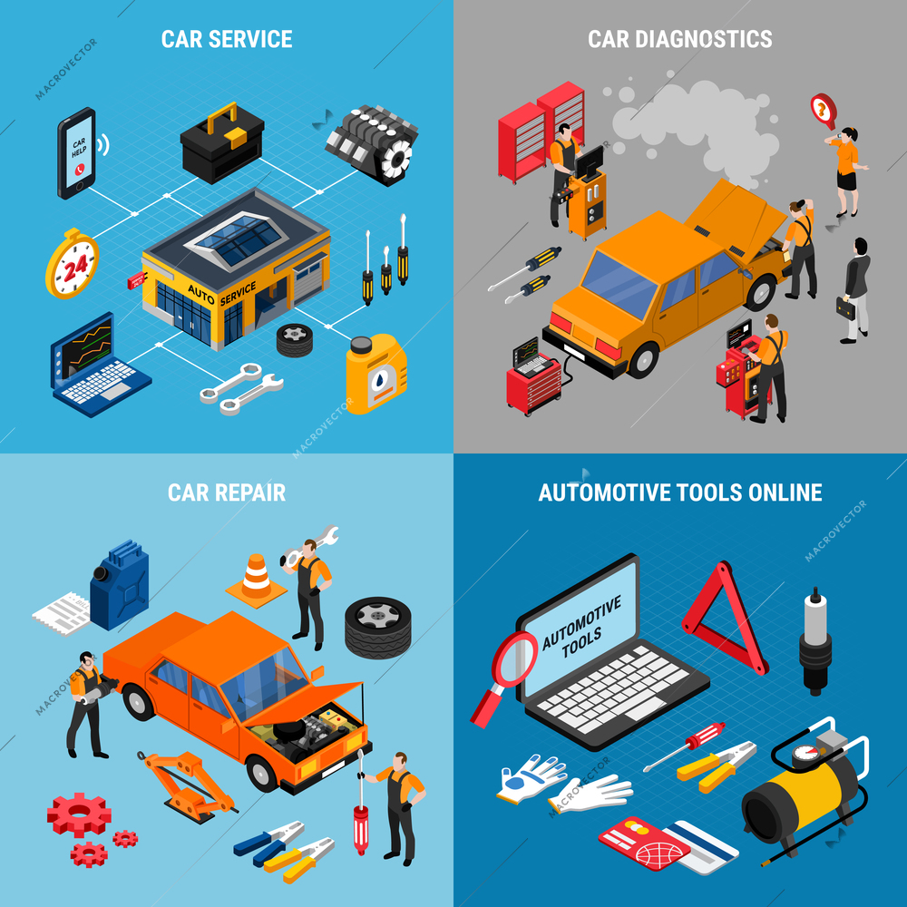 Car service and maintenance concept icons set with repair symbols isometric isolated vector illustration