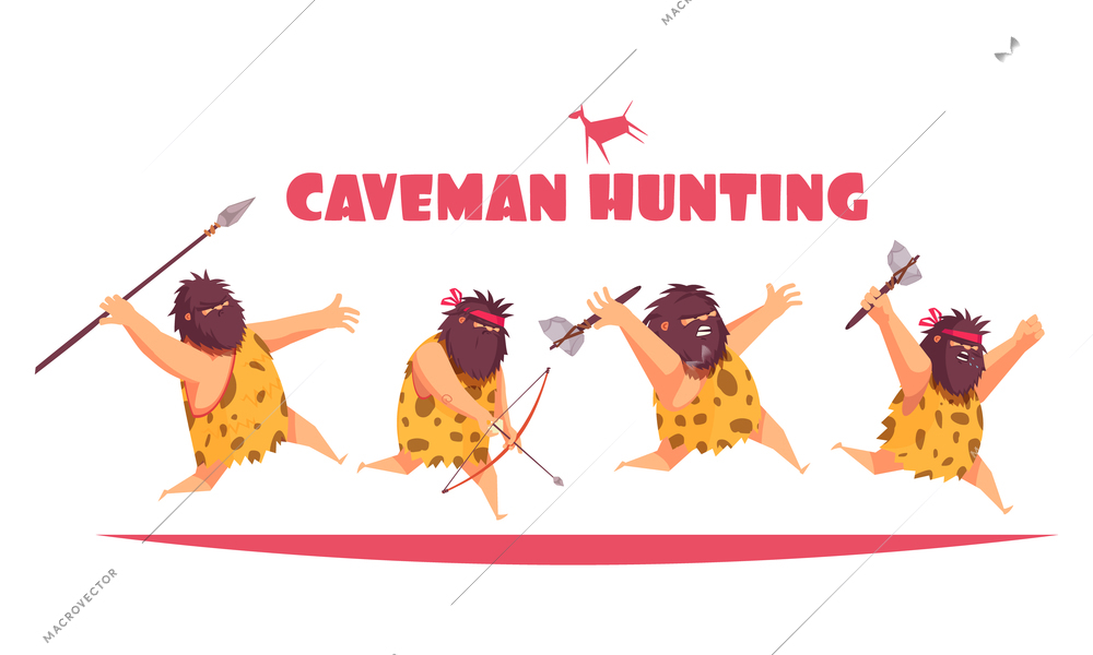 Caveman hunting design concept with primitive men holding various type of ancient weapon cartoon vector illustration