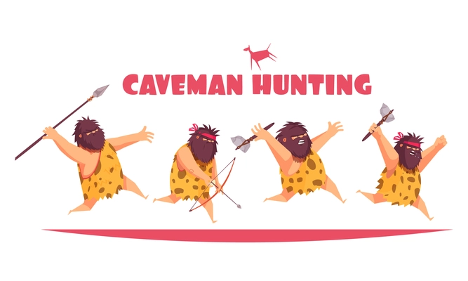 Caveman hunting design concept with primitive men holding various type of ancient weapon cartoon vector illustration