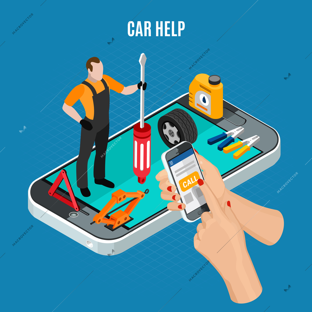 Car help isometric concept with equipment and tools symbols vector illustration