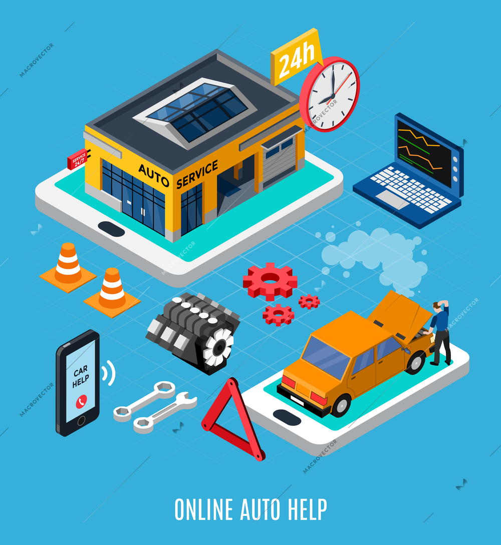 Online auto help isometric concept with diagnostics symbols vector illustration