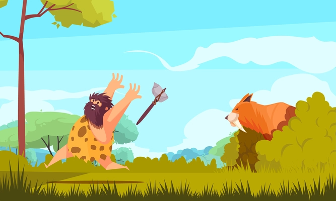 Hunting in stone age colorful poster with prehistoric man running from big animal  cartoon vector illustration