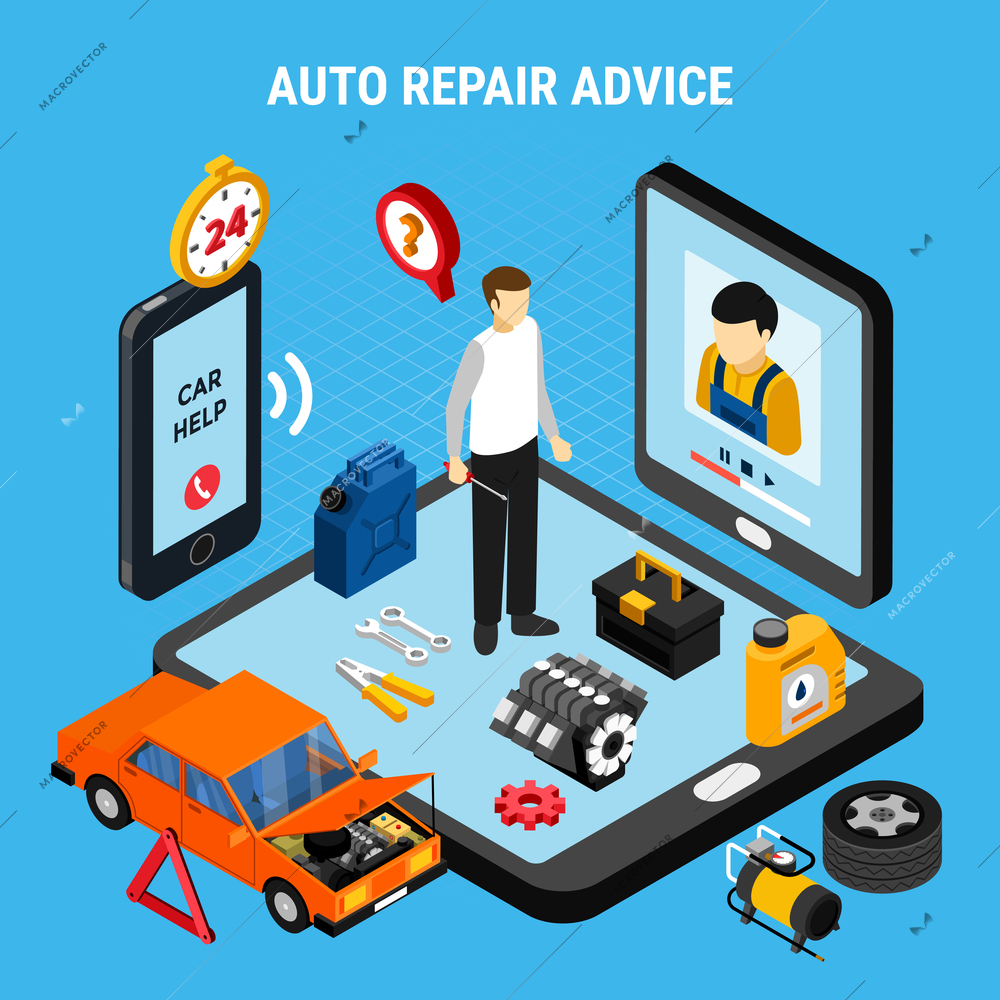 Auto repair advice isometric concept with diagnostics symbols vector illustration