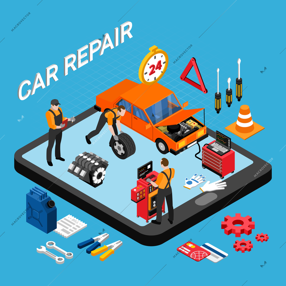 Car repair isometric concept with spare parts and tools symbols vector illustration