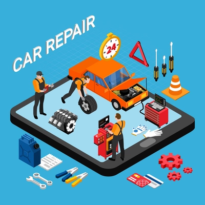 Car repair isometric concept with spare parts and tools symbols vector illustration