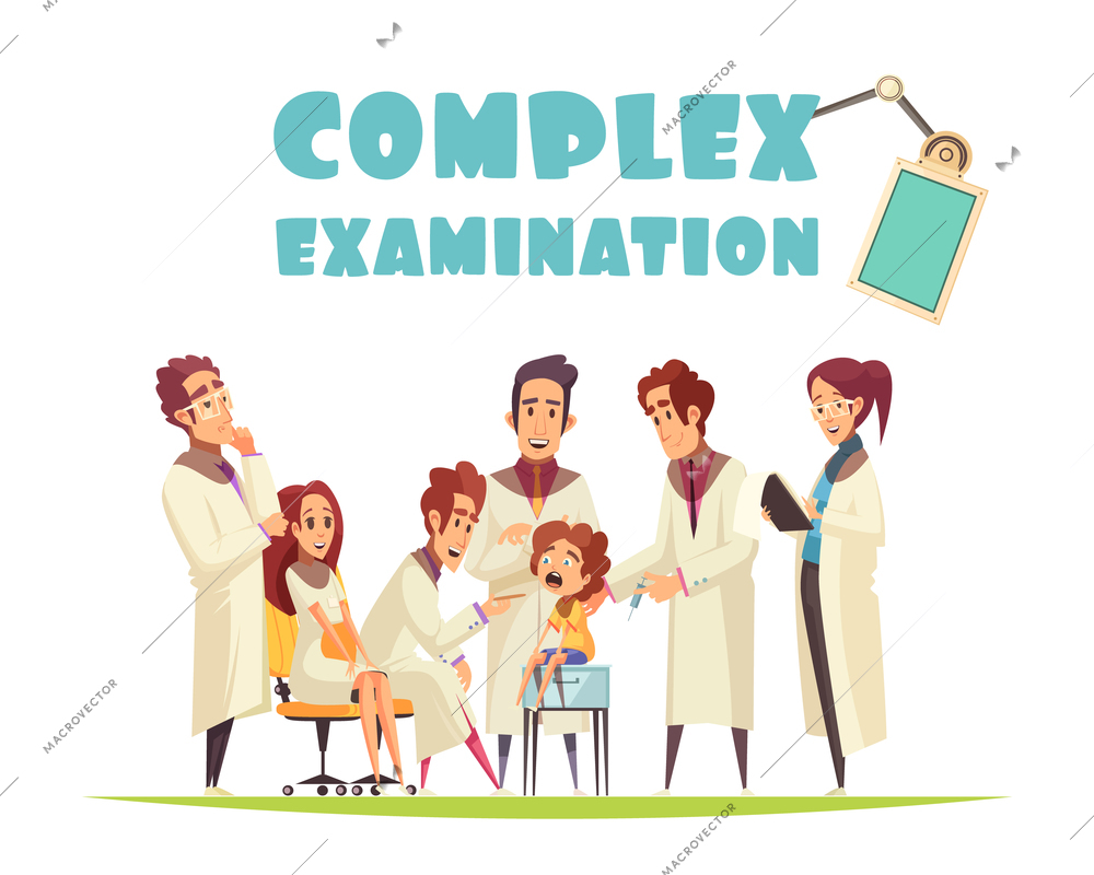 Complex medical examination design concept with group of pediatricians examining little boy vector illustration