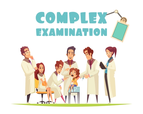 Complex medical examination design concept with group of pediatricians examining little boy vector illustration