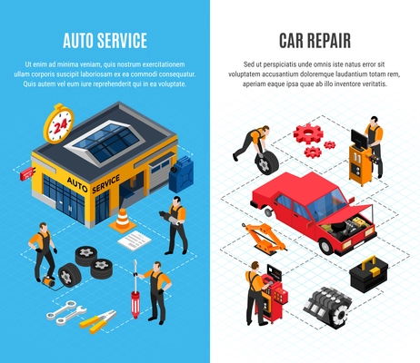 Car service vertical banners set with repair symbols isometric isolated vector illustration