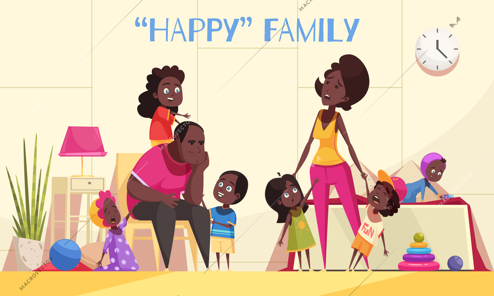 Afroamerican large family in home interior with nimble happy kids and tired parents cartoon vector illustration