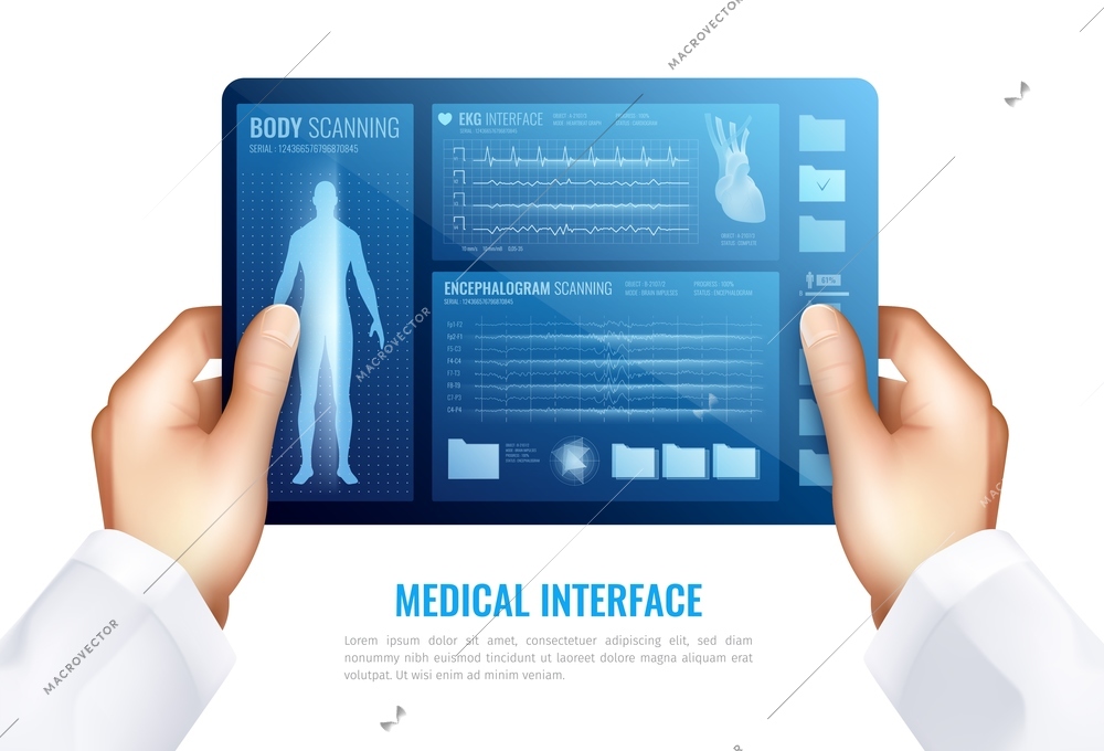 Human hands touching on tablet screen showing medical interface with hud elements realistic design concept  vector illustration