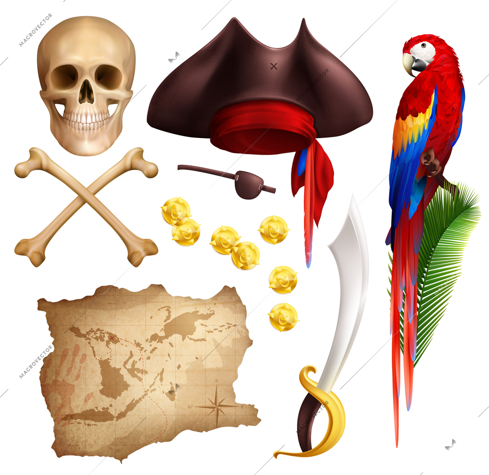 Pirate realistic icons set of aged map gold coins smoking pipe saber parrot skull and pirate hat isolated vector illustration