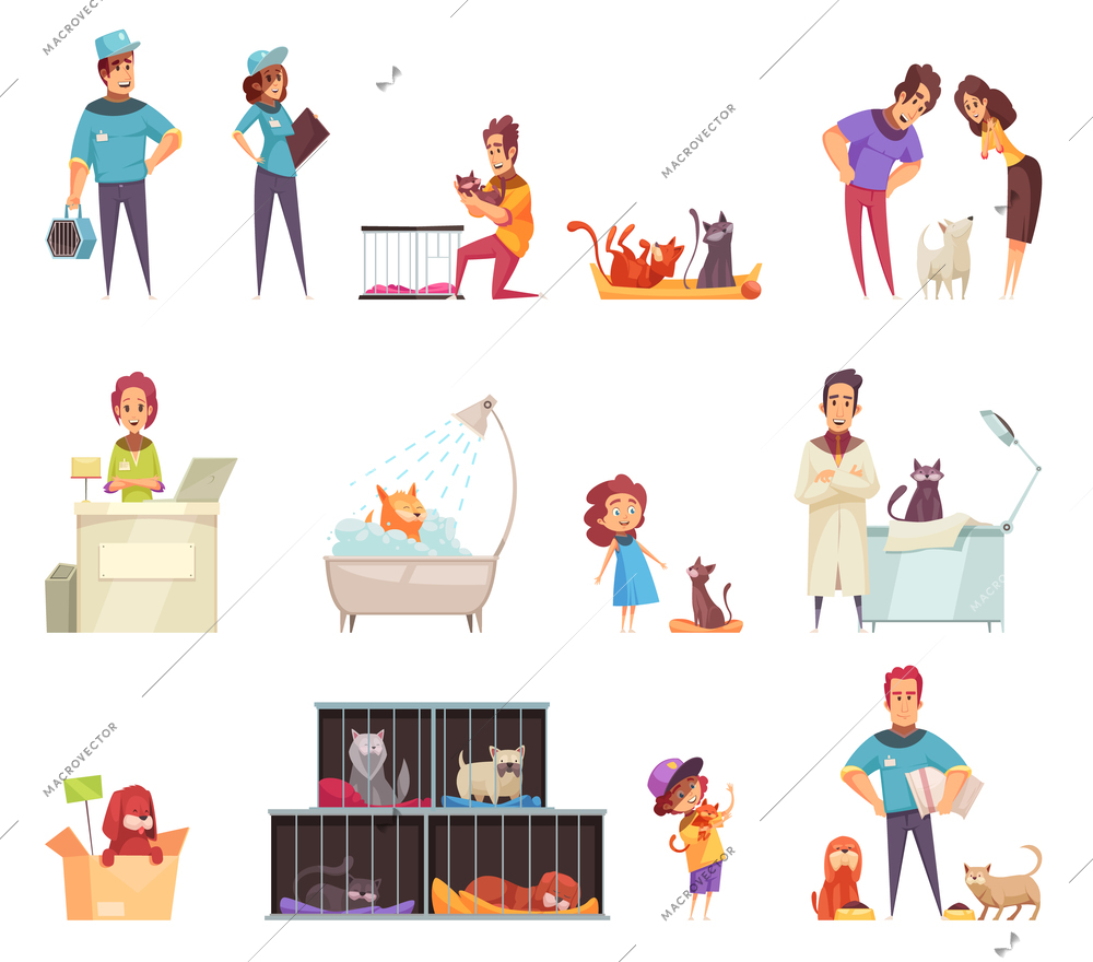 Homeless pets decorative icons set with people caring for animals at home in shelter and vet clinic isolated vector illustration