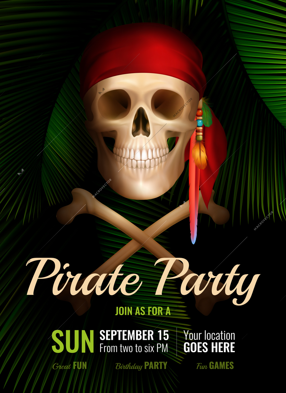 Pirate party realistic poster with smiling skull in red bandana and date of fun event vector illustration