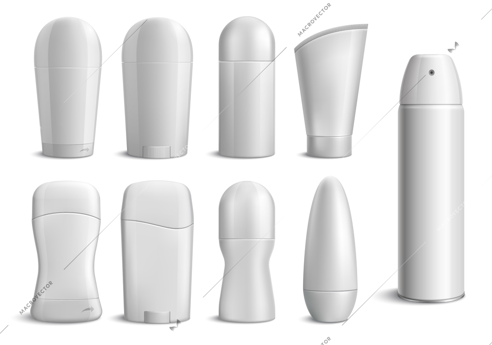 Monochrome set of realistic deodorant bottles of different shapes on white background isolated vector illustration