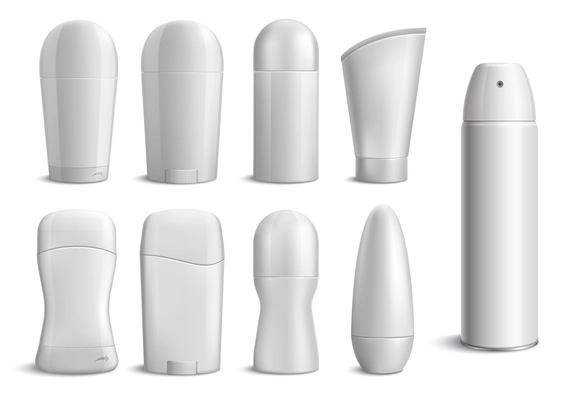 Monochrome set of realistic deodorant bottles of different shapes on white background isolated vector illustration