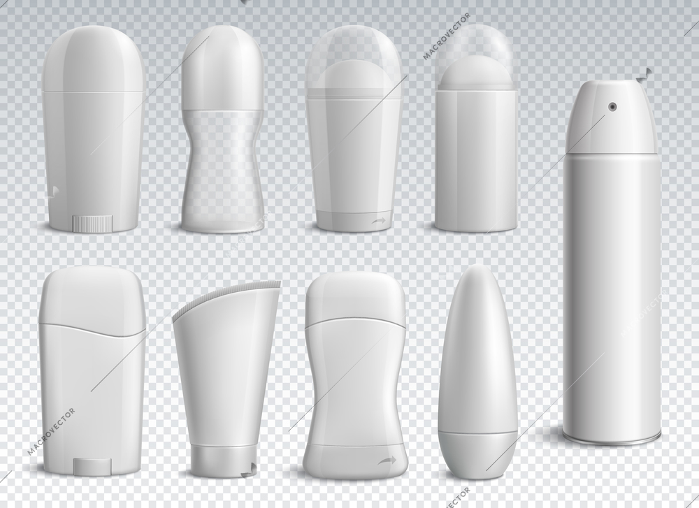 Realistic white deodorant bottles set of different shapes on transparent background isolated vector illustration