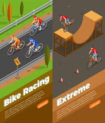 Cyclists during bike racing and extreme ride set of isometric vertical banners isolated vector illustration