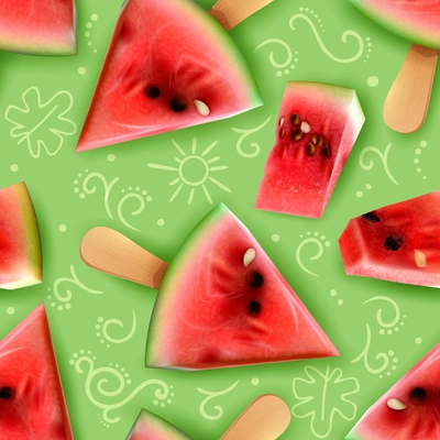 Watermelon bite size pieces on a stick summer snacks serving ideas realistic appetizing seamless patten vector illustration