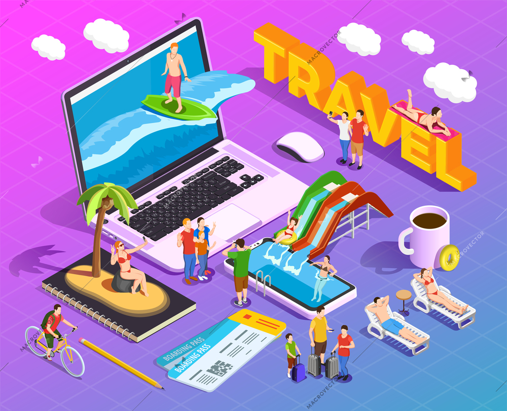 Travel isometric composition on gradient background people during vacation entertainment on screens of mobile devices vector illustration