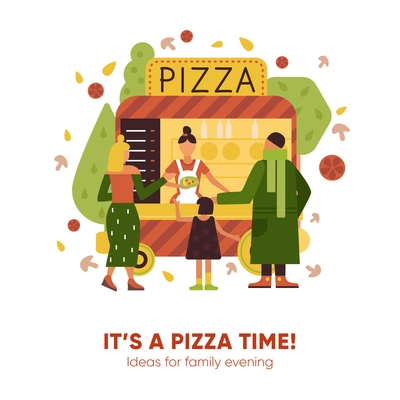 Pizza time with sellers buyers and family symbols flat vector illustration