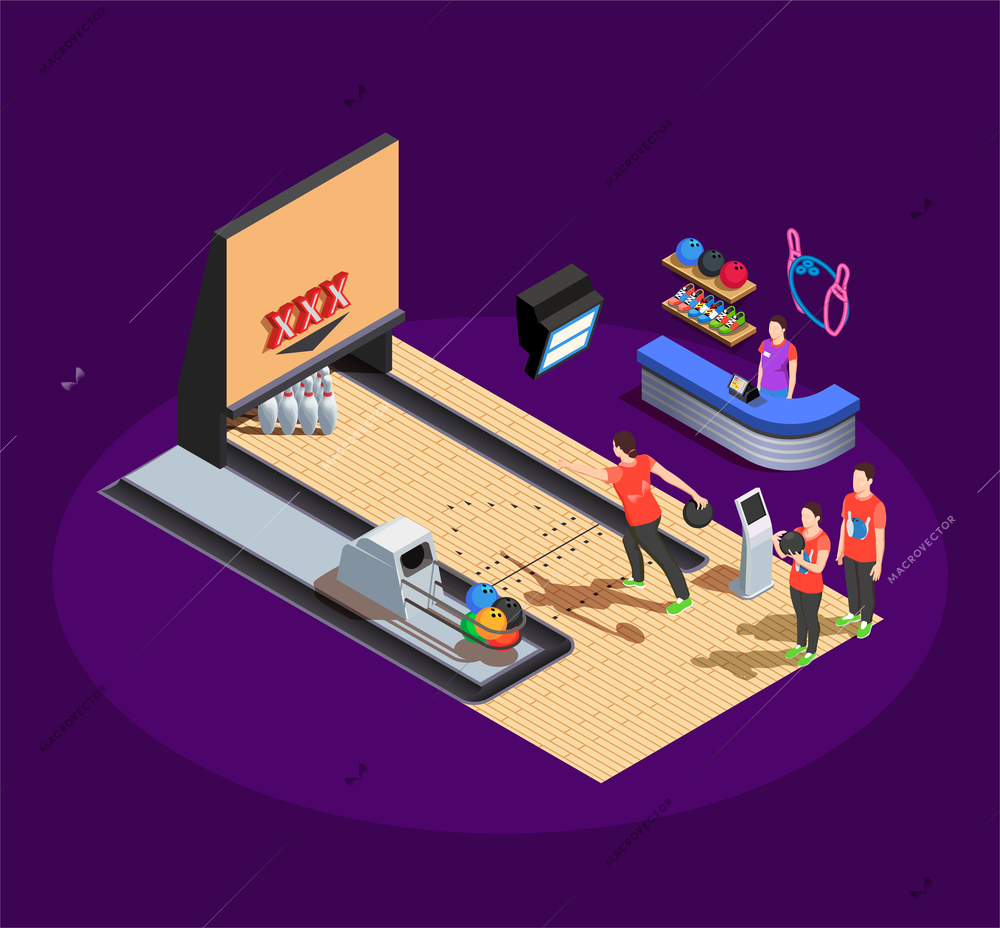 Players in red uniform during bowling game and club administration isometric composition on dark background vector illustration