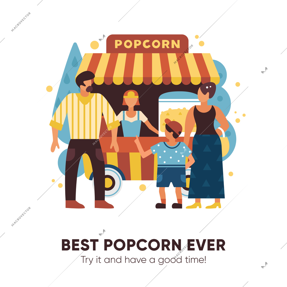 Popcorn van with sellers buyers and family symbols flat vector illustration