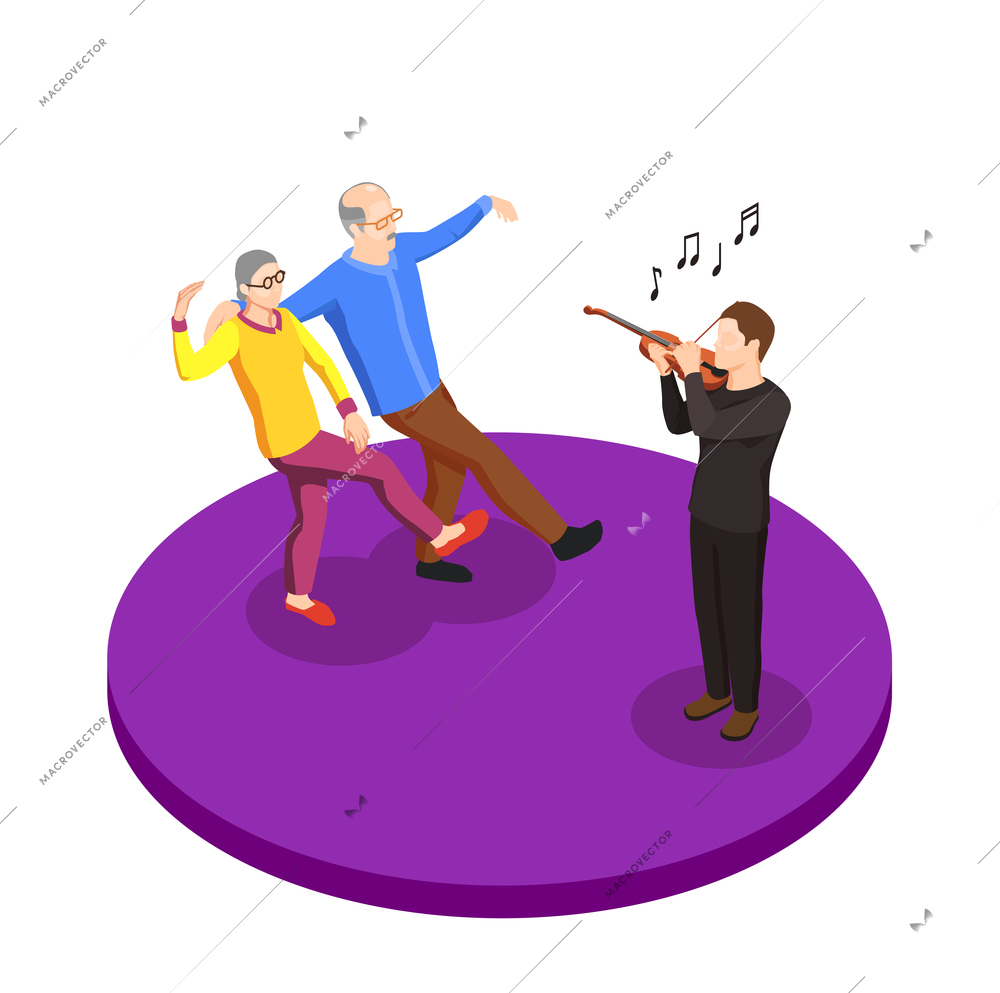 Leisure of elderly couple isometric composition with elder man and woman dancing under live music vector illustration